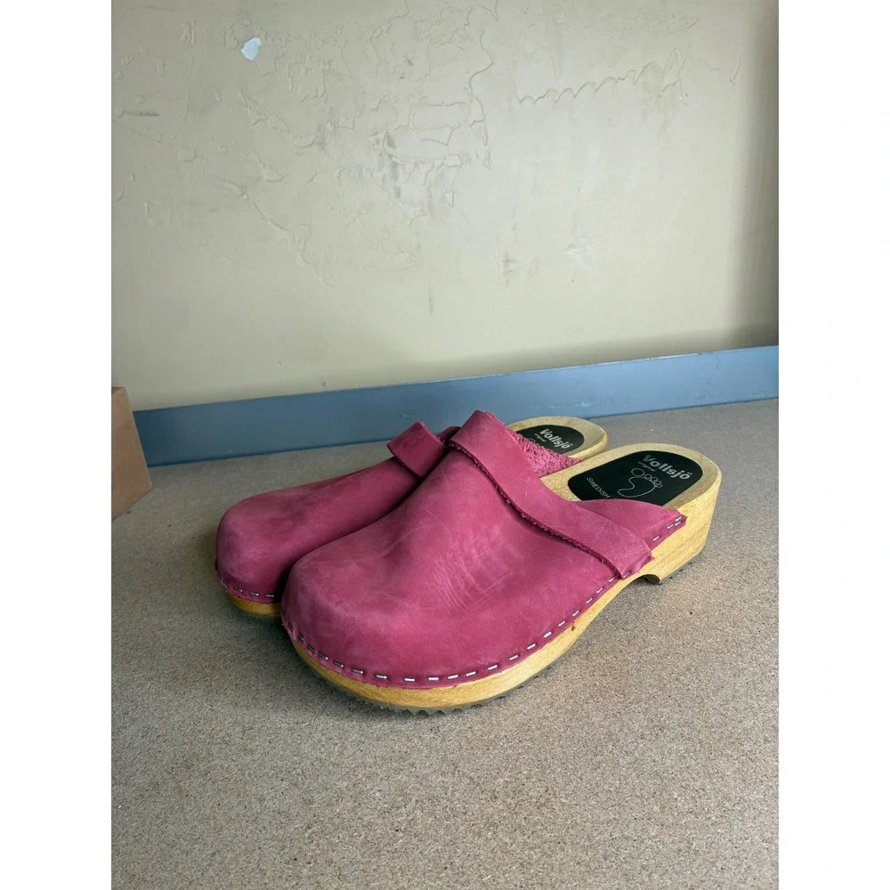 Vollsjo Swedish Design Magenta Pink Nubuck Leather Wooden Clogs Mules Size 38 - Picture 1 of 11